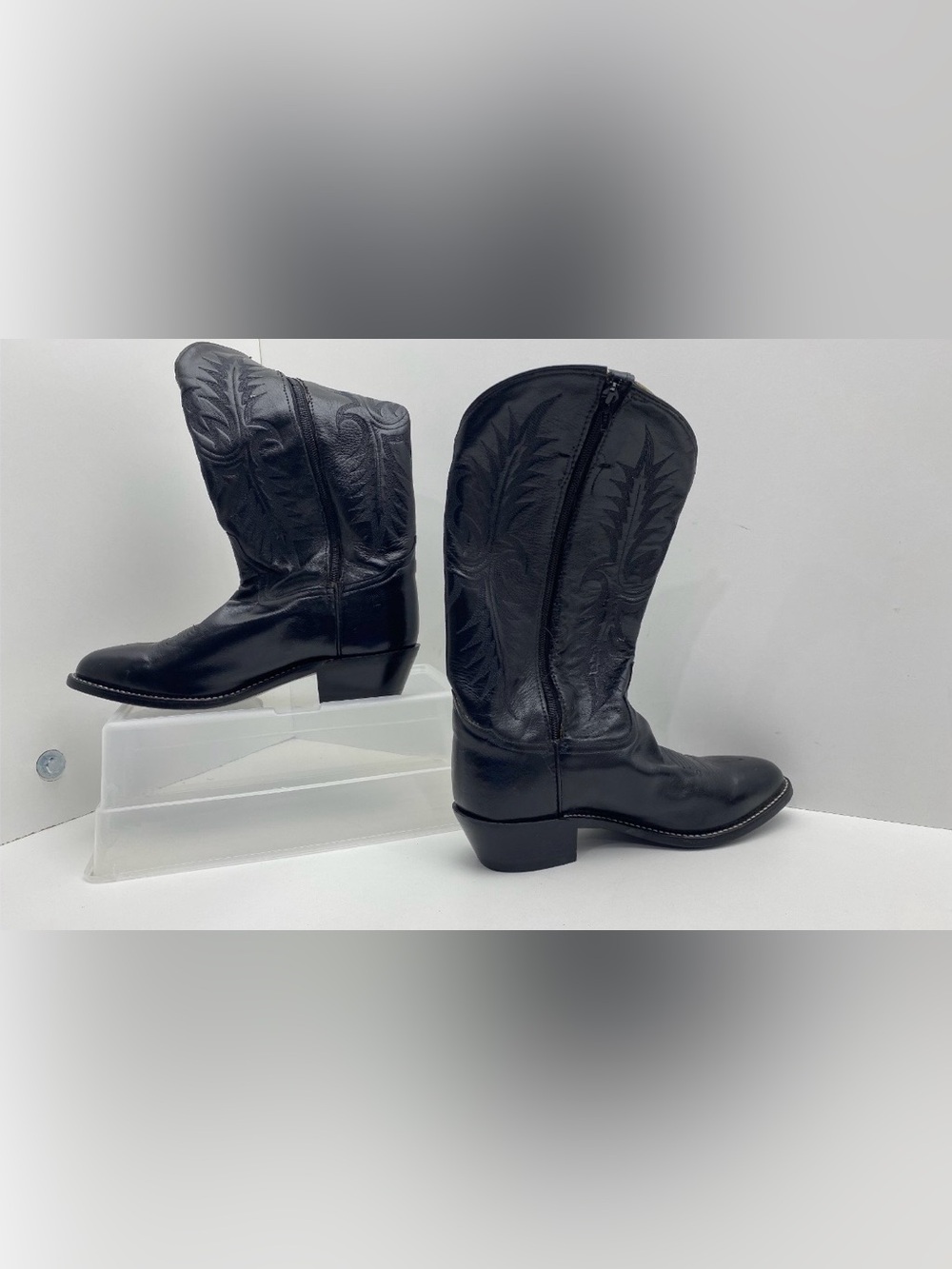 90S VINTAGE TONY LAMA BLACK LEATHER COWBOY BOOTS Sz 9.5B